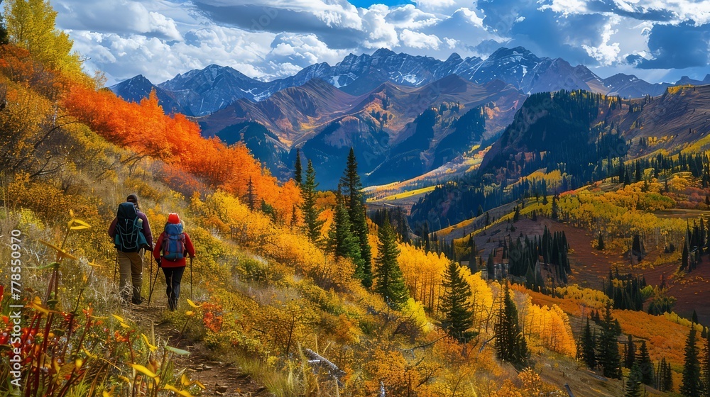 A scenic mountain hike in the fall, with hikers surrounded by vibrant autumn foliage and crisp mountain air, immersing themselves in the beauty of the changing seasons.