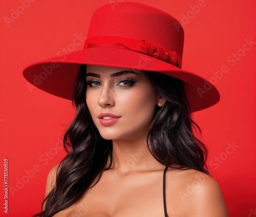 A woman wearing a red hat and a black bikini top, posing in front of a red background. © Miklos