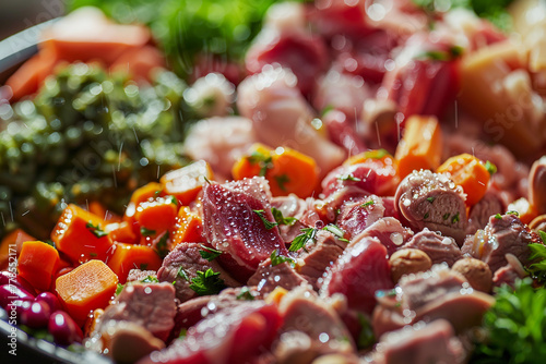 A detailed macro shot of a bowl of organic, raw dog food, highlighting the variety of textures and colors from meats, vegetables, and supplements, all mixed together, 