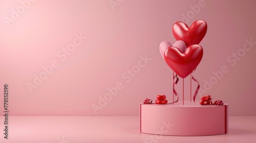 Pink greeting card background with podium ornaments adorned with beautiful red ribbon-shaped love balloons © Fitri