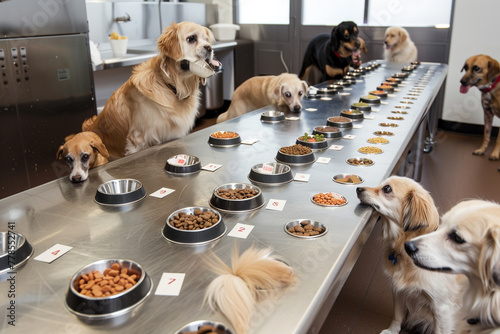 A professional taste test setting for dogs, featuring a lineup of different gourmet dog food options presented on a long, stainless steel table photo