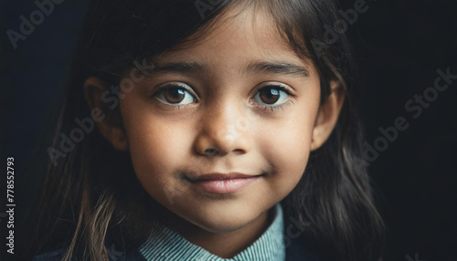 A crisp, close up portrait of a young girl wearing  against a dark background, shallow depth of field - portraits of real people - an intimate portrait of a brown female child photo