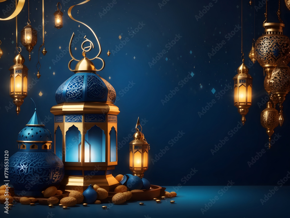 Islamic concept poster for Ramadan Kareem or Eid al Adha celebration, featuring a Muslim Mosque design and an Arabic lantern design on a dark blue background. Islamic concept poster for Ramadan Kareem or Eid al Adha celebration, featuring a Muslim Mosque design and an Arabic lantern design on a dark blue background.