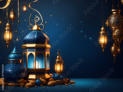 Islamic concept poster for Ramadan Kareem or Eid al Adha celebration, featuring a Muslim Mosque design and an Arabic lantern design on a dark blue background. photo