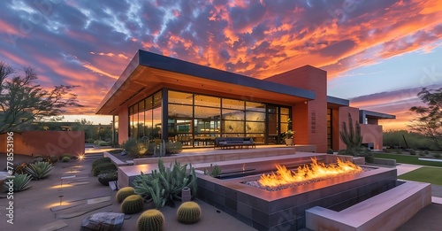 Modern Arizona Mansion at sunset with fire pit, seating area, lush gardens and spacious patio.