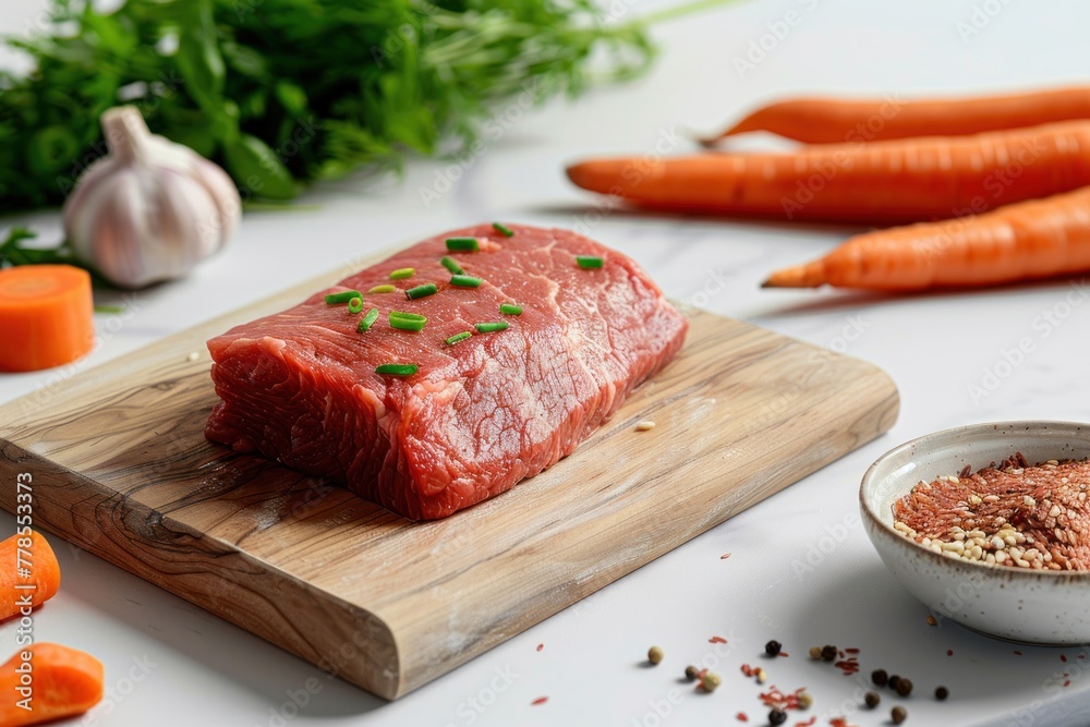 Photography of a piece of meat and a carrot. Nutritious food illustration Photography of a piece of meat and a carrot. Nutritious food illustration