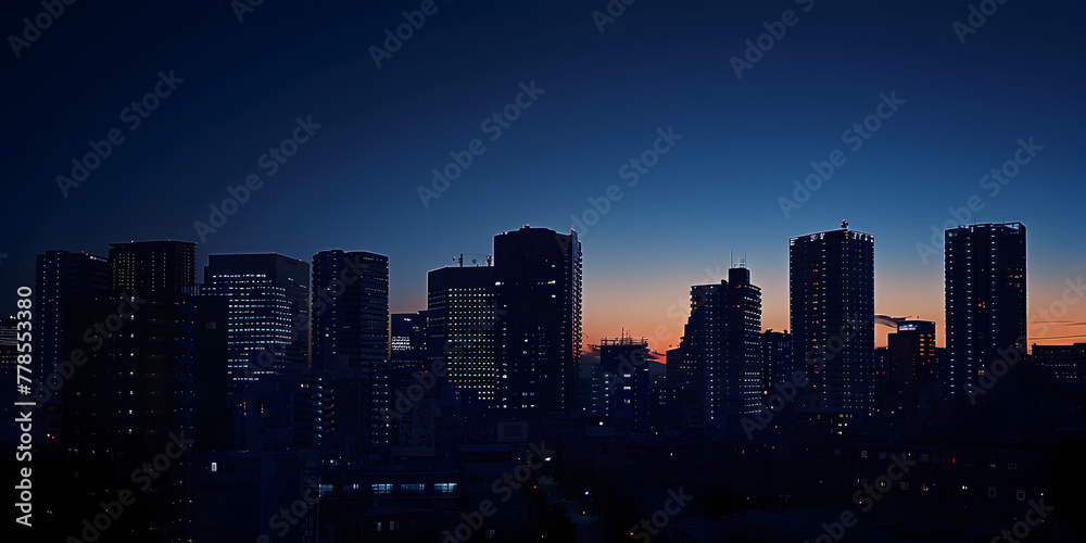 Skyline at night with building and lights on sunset orange and dark black sky background , Modern buildings in city against dark sky silhouette of skyscraper buildings in the city at night background