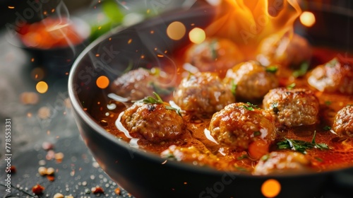 A delicious bowl of meatball with typical Indonesian spicy oriental soup. Processed meat dish illustration