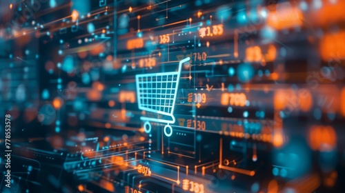 E-commerce revolution, close-up on a shopping cart icon amidst a digital marketplace, online shopping dynamics