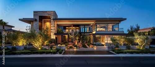 Modern luxury three-story mansion with spectacular backyard views, lush garden landscaping, spacious driveway and beautiful backyard views under clear sky in Las Vegas, USA.