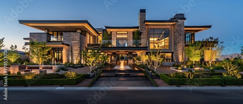 Modern luxury three-story mansion with spectacular backyard views, lush garden landscaping, spacious driveway and beautiful backyard views under clear sky in Las Vegas, USA.
