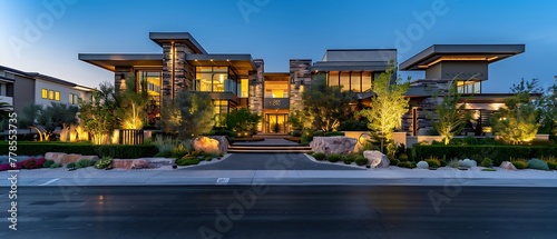 Modern luxury three-story mansion with spectacular backyard views, lush garden landscaping, spacious driveway and beautiful backyard views under clear sky in Las Vegas, USA.