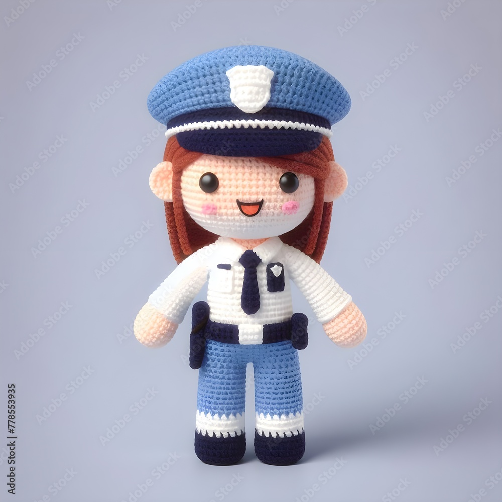 Ai Generated Crochet doll a Police cute excited funny smiling wearing uniform and equipment, is standing, 3d render Ai Generated Crochet doll a Police cute excited funny smiling wearing uniform and equipment, is standing, 3d render