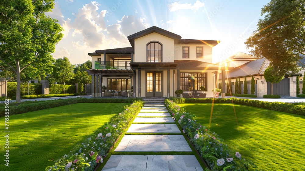 Majestic new luxury home with a flourishing lawn, walkway leading to an opulent porch and front door, in high-definition sunlight.