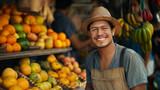Portrait of smiling  man seller who is in the vegetables fruit store.