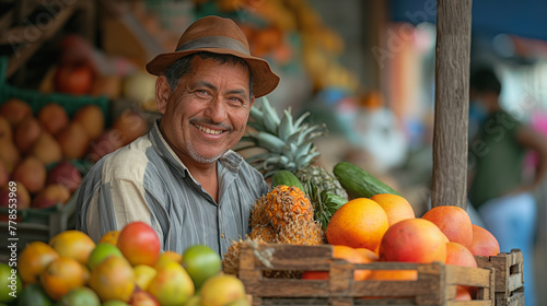 Portrait of smiling man seller who is in the vegetables fruit store.