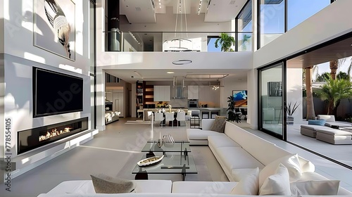 Stunning Las Vegas modern home interior: white walls, double high ceilings, and concrete floors. living room with glass door, large tv, coffee table, bar cart, light grey accent & open concept kitchen