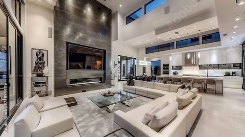 Stunning Las Vegas modern home interior: white walls, double high ceilings, and concrete floors. living room with glass door, large tv, coffee table, bar cart, light grey accent & open concept kitchen