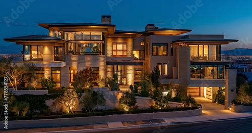 Stunning modern three-level mansion in Las Vegas with panoramic views of city lights. Elegant exterior design, lush landscaping, balconies, garage, inviting driveway and tan stucco
