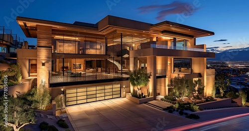 Stunning modern three-level mansion in Las Vegas with panoramic views of city lights. Elegant exterior design, lush landscaping, balconies, garage, inviting driveway and tan stucco