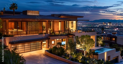 Stunning modern three-level mansion in Las Vegas with panoramic views of city lights. Elegant exterior design, lush landscaping, balconies, garage, inviting driveway and tan stucco