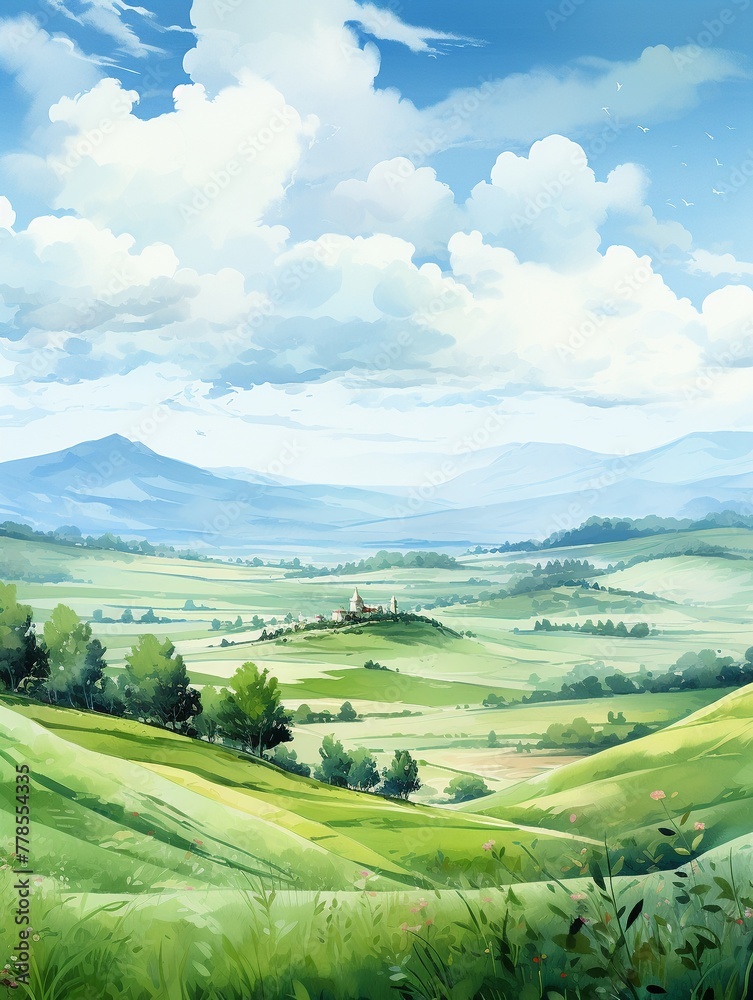A soft, dreamy landscape of rolling hills, where sheep dot the countryside, blending into the watercolor horizon 