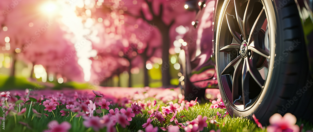 The car wheel is placed on the blooming cherry blossom meadow, with spring flowers in full bloom. The sun shines brightly through the trees and illuminates the pink clover field 
