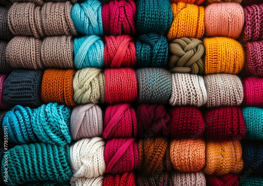 Colorful Assortment of Knitted Wool Yarn Rolls for Crafting and Sweater Making
