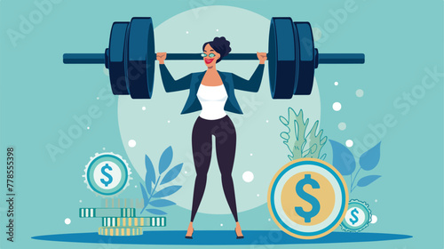 Businesswoman lifts up heavy barbell with dollar si