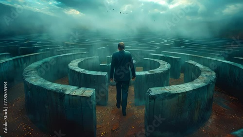 A man stands in a maze and thinks, view from the back. The concept of difficulty in making a decision photo