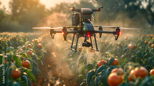 High-tech drone spraying crops a modern farm scenesmart farm concept wite twilight sky background.