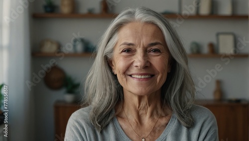 Happy confident senior woman with long naturally grey hair standing in home interior, looking at camera with crossed arms, smiling, posing for head shot vertical front portrait