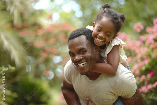 Cheerful African American Father Giving His Daughter a Piggyback Ride in a Lush Garden