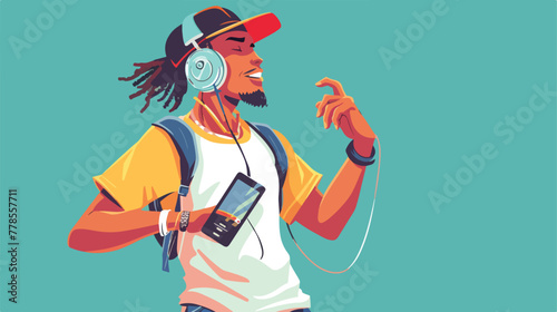 Cartoon hip hop fan with earphones and a mini playe