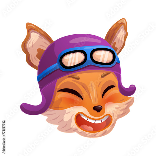 Happy cartoon fox head in retro helmet as a biker, racer, pilot. Laughing anthropomorphic face. Vector illustration.