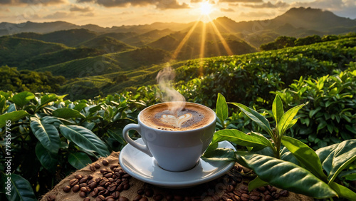 A steaming cup of coffee surrounded by lush Brazilian coffee fields and coffee beans. Generative ai photo