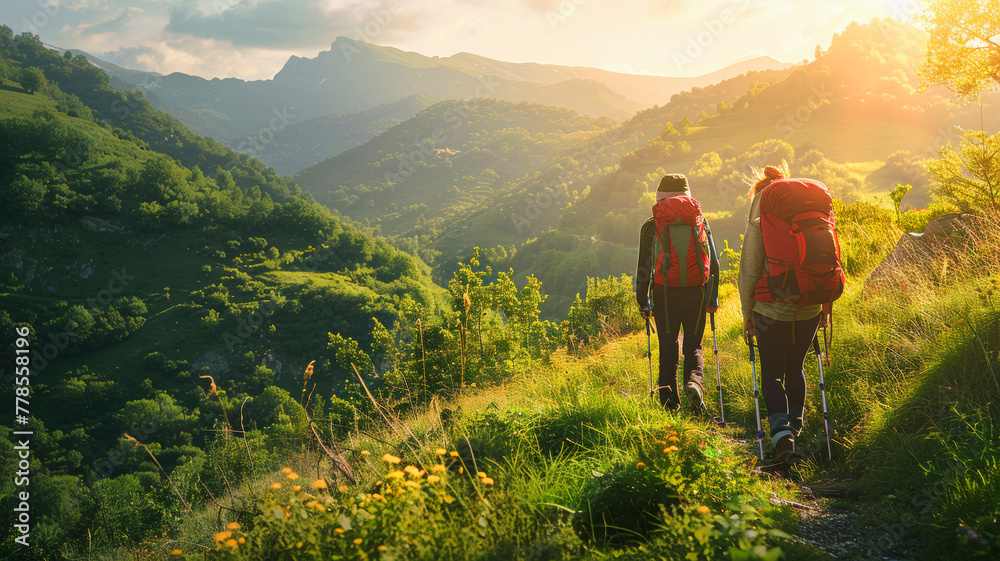 Adventure Trekking. Hikers Exploring Scenic Mountain Trail at Sunrise