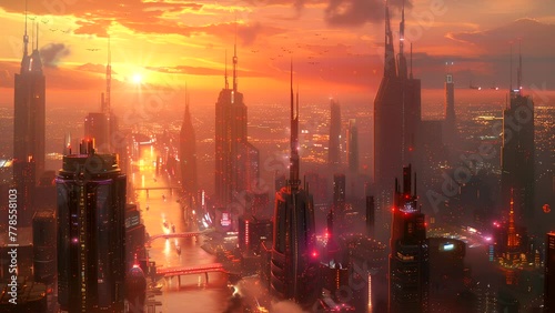 Modern future city at sunset. seamless looping 4k time-lapse video background