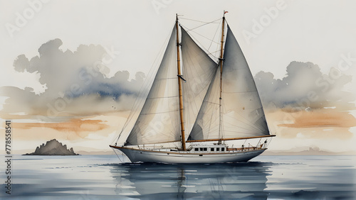 Sailing Yacht on Calm Seas, Line Art with Watercolors