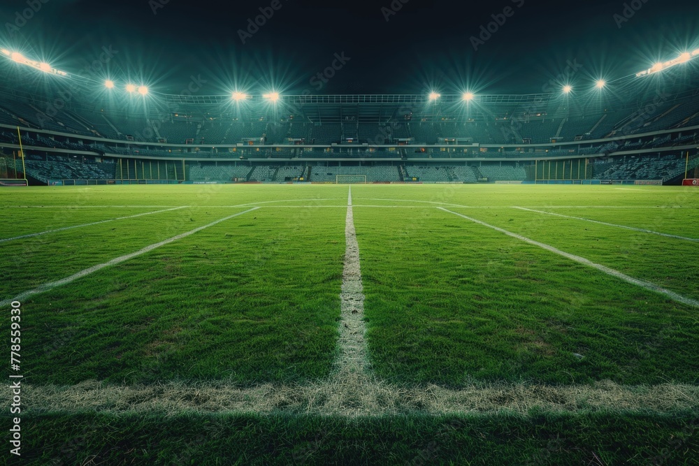 Empty Soccer Stadium at Night with Illuminated Field and Stands