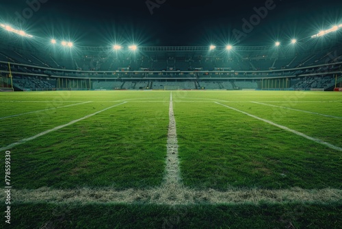 Empty Soccer Stadium at Night with Illuminated Field and Stands