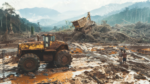 Ecological Disaster. Destruction of Forests with Heavy Equipment and Labourer © AndyPhoton