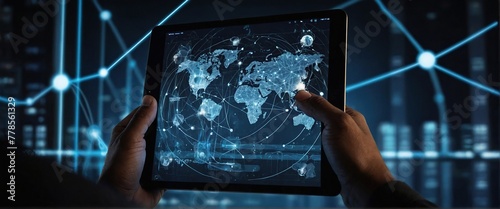 Internet network technology, Man using digital tablet with global network connection, technology background, IoT Internet of Things and digital marketing, data exchange, social media networking