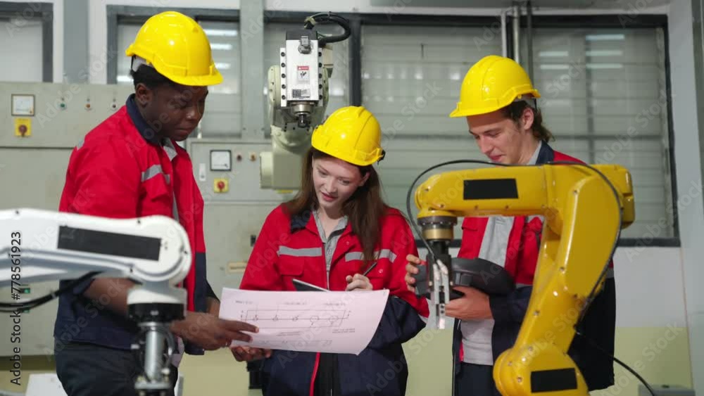 Manufacturing industry factory manufacturing technology concept. Group of man and woman technician engineer in safety wear checking robotic machine arm system in production line for maintenance repair Manufacturing industry factory manufacturing technology concept. Group of man and woman technician engineer in safety wear checking robotic machine arm system in production line for maintenance repair