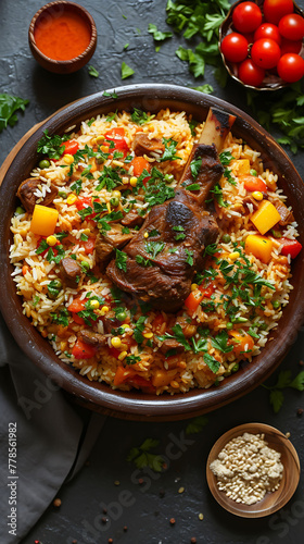 Persian Baghali Polo Ba Mahicheh Broad Bean Rice with Lamb Shank, Delicious food style, Horizontal top view from above