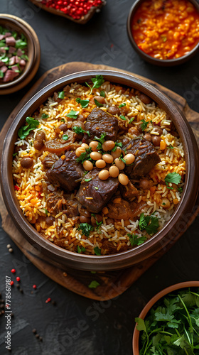 Persian Baghali Polo Ba Mahicheh Broad Bean Rice with Lamb Shank, Delicious food style, Horizontal top view from above