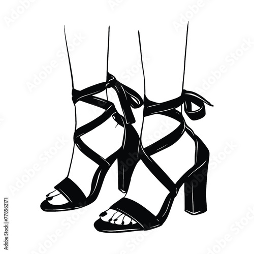 Female legs with lace up high heels shoes. Hand drawn sketch vector illustration line art