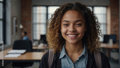 Modern youth representative. Headshot portrait of happy smiling millennial mixed race woman employee student posing in office university,Casual young black female teenager look at camera in good mood