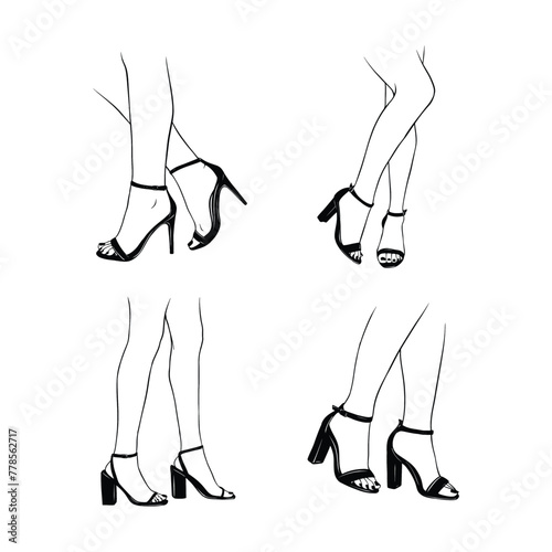 Set female legs with high heeled sandals. Hand drawn sketch vector illustration line art