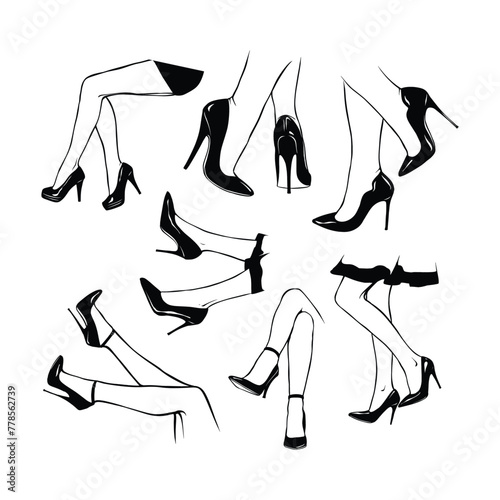 Set female legs with high heels shoes. Hand drawn sketch vector illustration line art